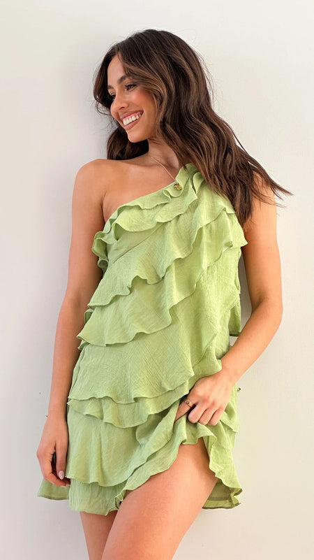 Alice Ruffle Backless Mini Dress - three-quarter shot, sage green - Miss Mosa By Akanksha