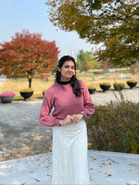 Alice Woolen Coord Set - lifestyle shot on model, pink - Miss Mosa By Akanksha