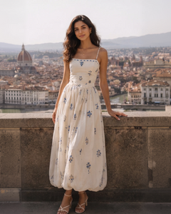 Alicia Printed Balloon Midi Dress - front full-length shot, cream with blue floral print - Miss Mosa By Akanksha