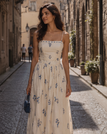 Alicia Printed Balloon Midi Dress - three-quarter shot, cream with blue floral print - Miss Mosa By Akanksha