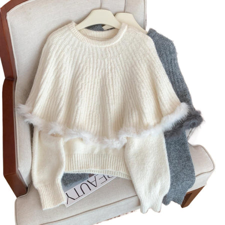 Alina Fur Sweater With Cape - flat-lay product shot, off-white - Miss Mosa By Akanksha