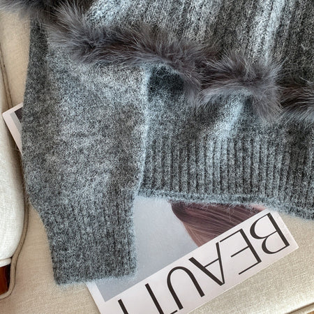 Alina Fur Sweater With Cape - close-up of fur trim detail, grey - Miss Mosa By Akanksha