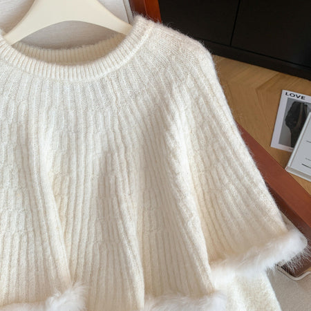 Alina Fur Sweater With Cape - close-up of fabric detail, off-white - Miss Mosa By Akanksha