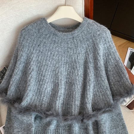 Alina Fur Sweater With Cape - flat-lay product shot, grey - Miss Mosa By Akanksha