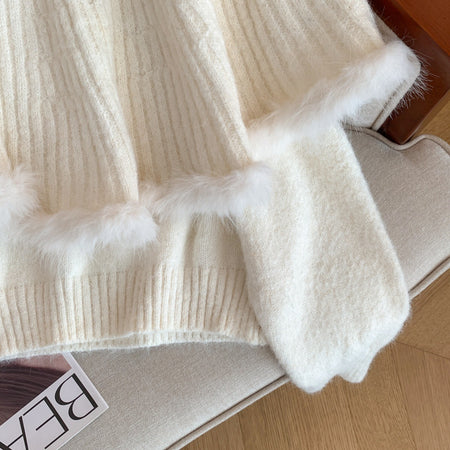 Alina Fur Sweater With Cape - close-up of fur trim detail, off-white - Miss Mosa By Akanksha