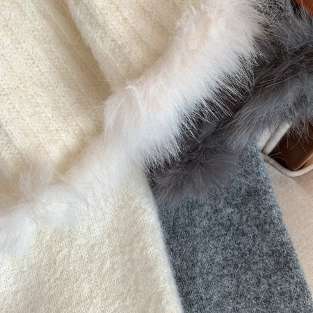 Alina Fur Sweater With Cape - close-up of fur trim detail, off-white and grey - Miss Mosa By Akanksha