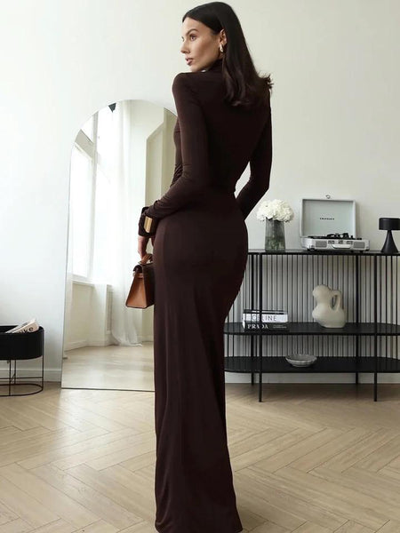 Alina Statement Slit Cut Maxi Dress - full-length back shot on model, brown - Miss Mosa By Akanksha