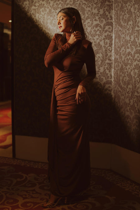 Alina Statement Slit Cut Maxi Dress - full-length side shot on model, brown - Miss Mosa By Akanksha