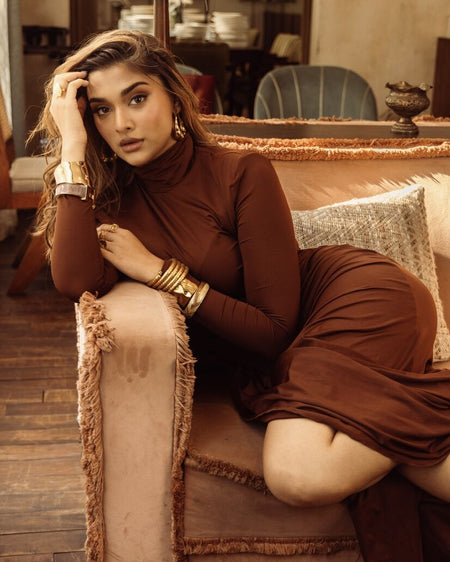 Alina Statement Slit Cut Maxi Dress - seated shot on model, brown - Miss Mosa By Akanksha