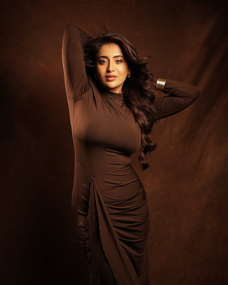 Alina Statement Slit Cut Maxi Dress In Brown - studio front shot on model with arm raised - Miss Mosa By Akanksha