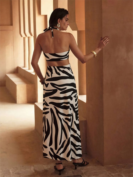 Alison 2 Pcs Swimsuit With Skirt - back shot, black and white zebra print - Miss Mosa By Akanksha