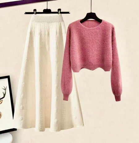 Alison Woolen Coord Set - front shot on hanger, pink and cream - Miss Mosa By Akanksha