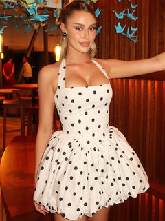 Alix Balloon Polka Mini Dress - front shot, white with black polka dots - Miss Mosa By Akanksha