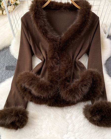 Alizee Fur Cardigan In Brown - flat-lay product shot of the fur-trim cardigan - Miss Mosa By Akanksha