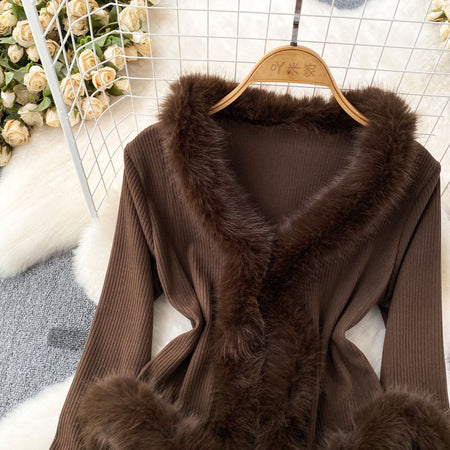 Alizee Fur Cardigan In Brown - close-up of the fur collar detail - Miss Mosa By Akanksha