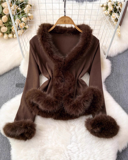 Alizee Fur Cardigan In Brown - flat-lay product shot of the fur-trim cardigan - Miss Mosa By Akanksha