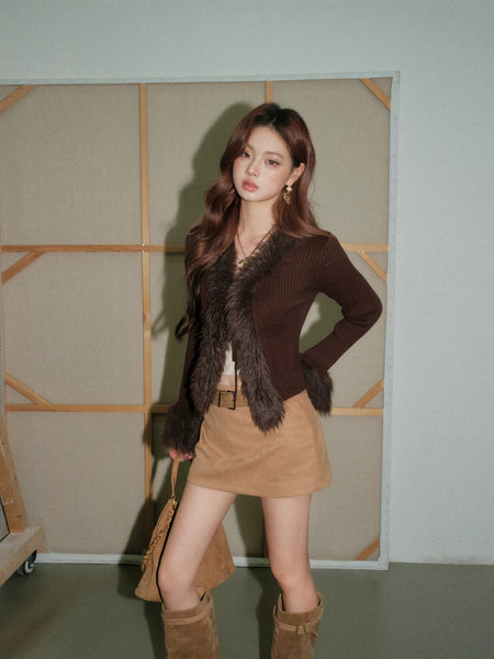 Alizee Fur Cardigan In Brown - full-length shot on model - Miss Mosa By Akanksha