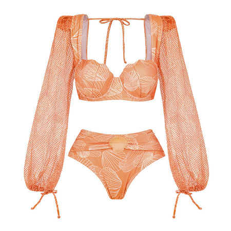 Allerga 2 Pcs Swimsuit With Skirt - flat-lay shot, peach shell print - Miss Mosa By Akanksha