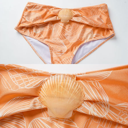 Allerga 2 Pcs Swimsuit With Skirt - flat-lay detail shot, peach shell print - Miss Mosa By Akanksha