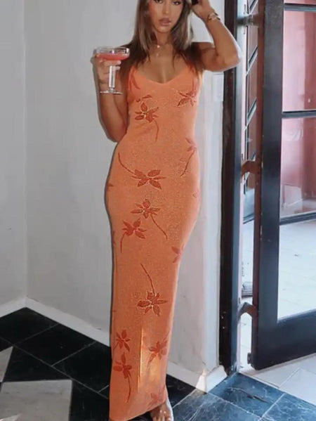 Alloy Luxe Soft Knit Dress Resortwear In Orange - front shot on model - Miss Mosa By Akanksha