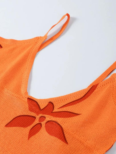 Alloy Luxe Soft Knit Dress Resortwear In Orange - close-up of neckline and strap detail - Miss Mosa By Akanksha