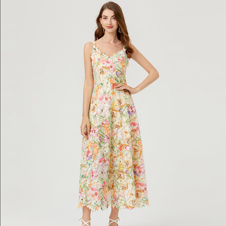 Alma Floral Cutout Maxi Dress - full-length front shot, multicolour floral print on cream - Miss Mosa By Akanksha