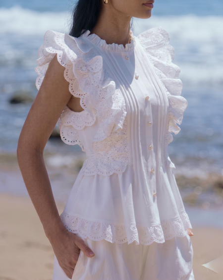 Alma Statement Summer Ruffled Top In White - front shot on model - Miss Mosa By Akanksha
