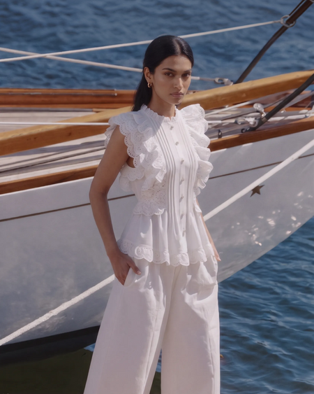 Alma Statement Summer Ruffled Top In White - front shot on model - Miss Mosa By Akanksha