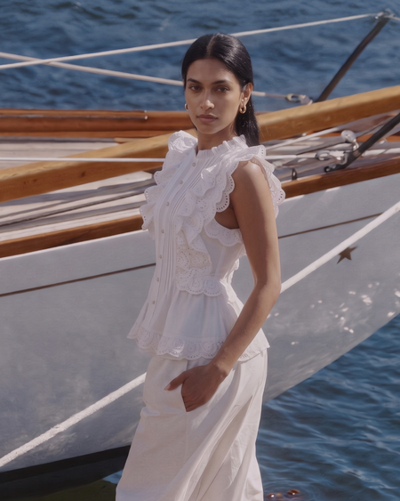 Alma Statement Summer Ruffled Top In White - side shot on model - Miss Mosa By Akanksha
