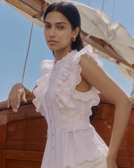 Alma Statement Summer Ruffled Top In White - side shot on model - Miss Mosa By Akanksha