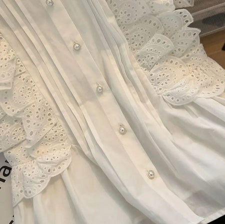 Alma Statement Summer Ruffled Top In White - close-up of button placket detail - Miss Mosa By Akanksha