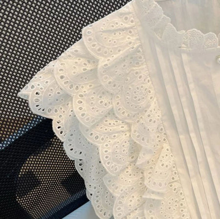 Alma Statement Summer Ruffled Top In White - close-up of eyelet ruffle detail - Miss Mosa By Akanksha