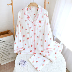 Alma Strawbery Cotton Nightsuit - flat-lay shot, strawberry print on white - Miss Mosa By Akanksha