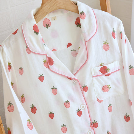 Alma Strawbery Cotton Nightsuit - neckline close-up shot, strawberry print on white - Miss Mosa By Akanksha