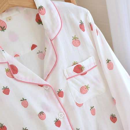 Alma Strawbery Cotton Nightsuit - fabric detail shot, strawberry print on white - Miss Mosa By Akanksha
