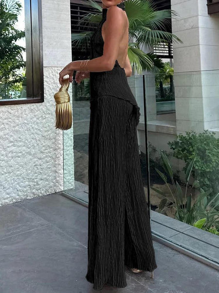 Aloe Halterneck Summer Coord Set - full-length side shot on model outdoors, black - Miss Mosa By Akanksha