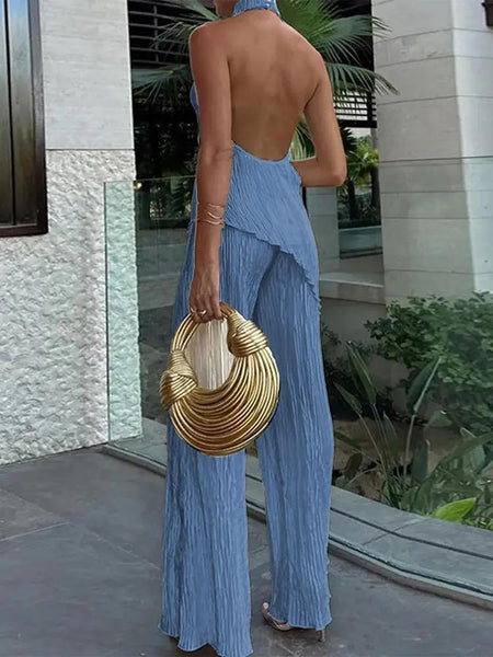 Aloe Halterneck Summer Coord Set - full-length back shot on model outdoors, blue - Miss Mosa By Akanksha