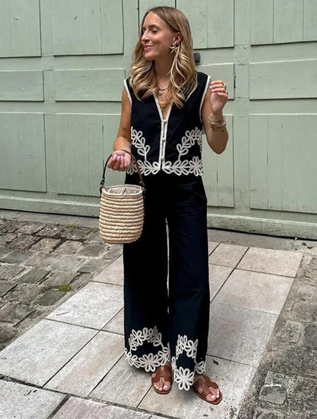 Aloisia Embroidered Summer Coord In Black - full-length front shot on model - Miss Mosa By Akanksha
