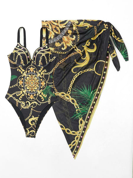 Alondra Swimsuit With Sarong In Black - flat-lay product shot of swimsuit with sarong - Miss Mosa By Akanksha