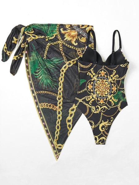 Alondra Swimsuit With Sarong In Black - flat-lay product shot of swimsuit with sarong - Miss Mosa By Akanksha