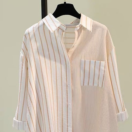 Alva Striped Shirt In Orange - close-up shot of fabric and pocket detail - Miss Mosa By Akanksha