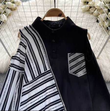 Alyona Dual Tone Shirt - close-up of shirt detail, black and white - Miss Mosa By Akanksha
