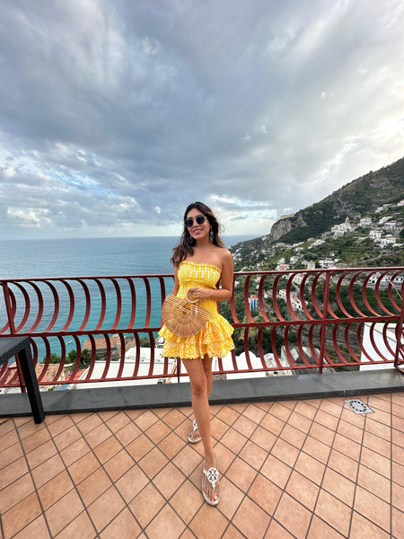 Amalfi Luxe Summer Dress in Yellow - lifestyle shot on model, yellow - Miss Mosa By Akanksha