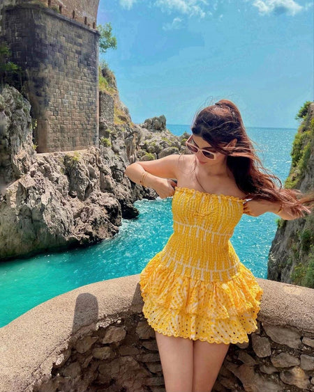 Amalfi Luxe Summer Dress in Yellow - lifestyle shot on model, yellow - Miss Mosa By Akanksha