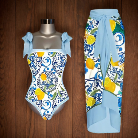 Amalfi Sorbet Swimsuit with Sarong Skirt In Blue - flat-lay product shot, blue - Miss Mosa By Akanksha