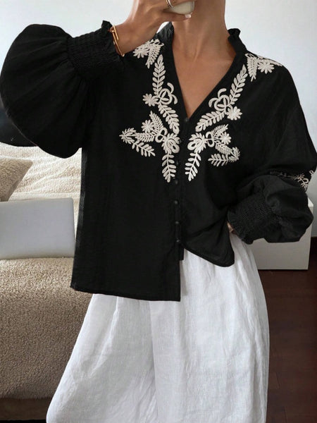 Amanda Cotton Embroidered Top In Black - front shot on model - Miss Mosa By Akanksha