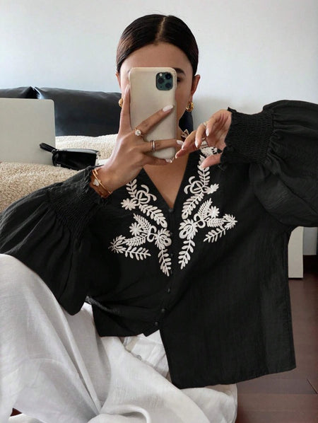 Amanda Cotton Embroidered Top In Black - front shot on model - Miss Mosa By Akanksha