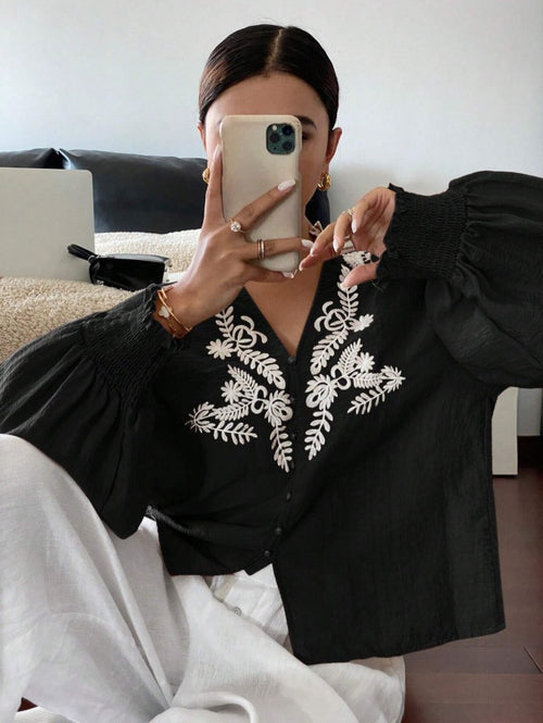 Amanda Cotton Embroidered Top In Black