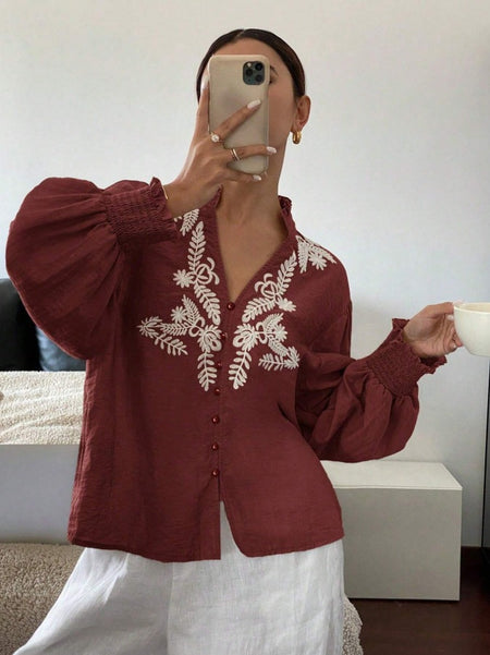 Amanda Cotton Embroidered Top In Rust - front shot on model - Miss Mosa By Akanksha