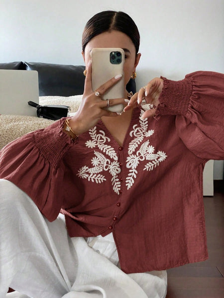 Amanda Cotton Embroidered Top In Rust - front shot on model - Miss Mosa By Akanksha